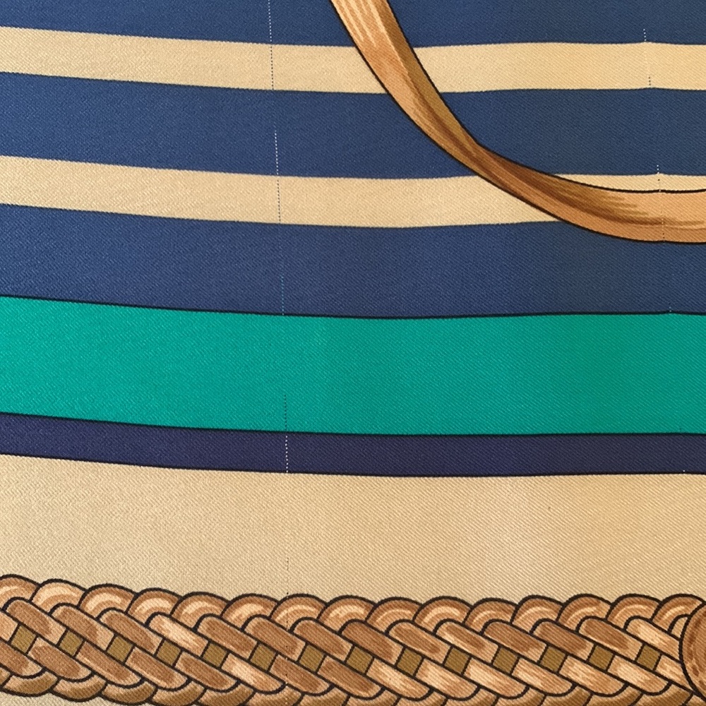 Hermès Vintage 100% Silk Scarf Coaching Green White Tan Navy Made in France - Picture 12 of 14